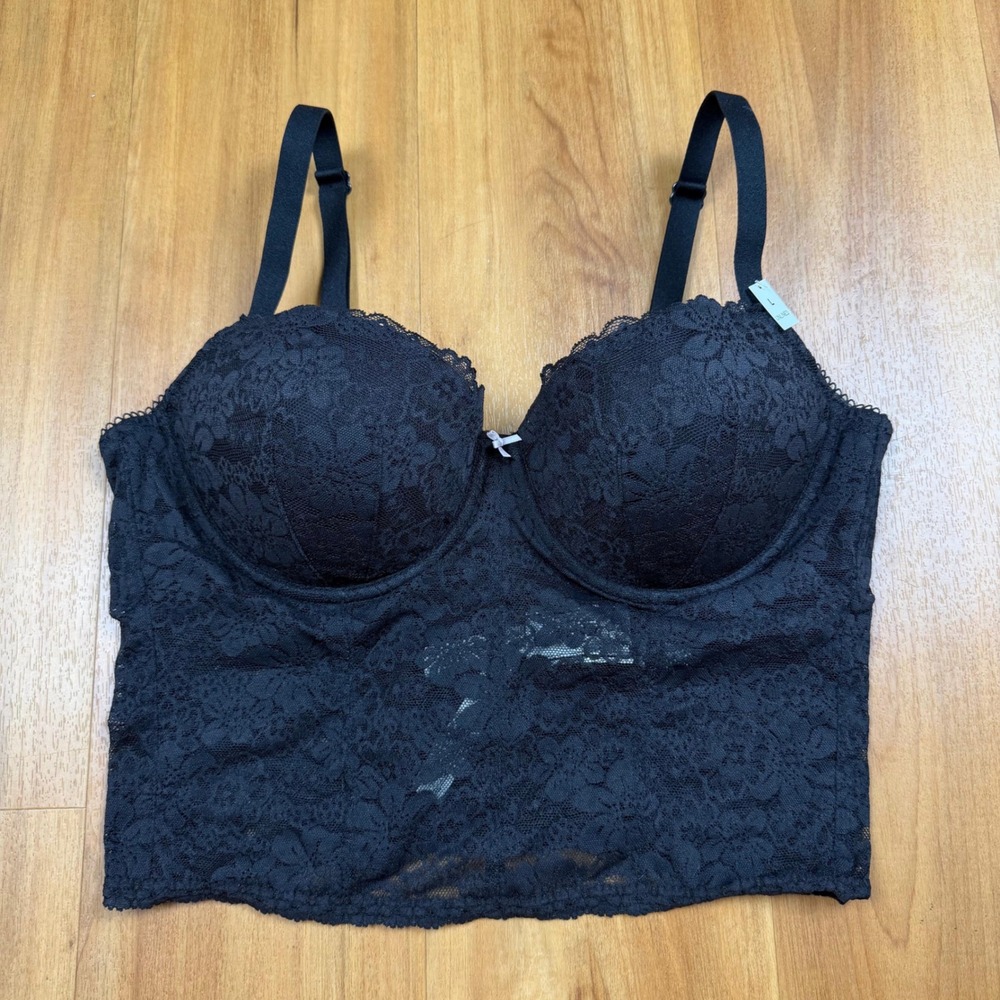 Victoria's Secret PINK Black Lace Longline Bra Top Underwire 420150-QB4 Sz L NWT
